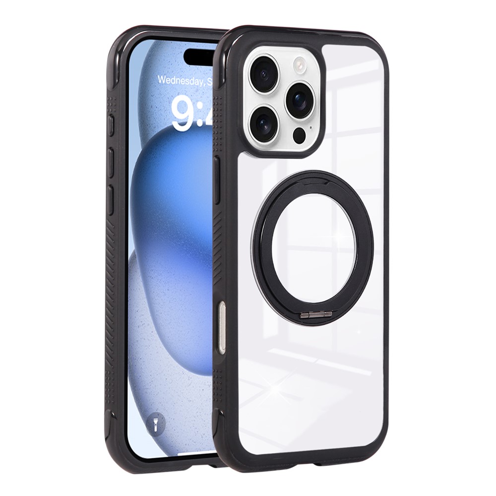 For iPhone 16 Pro Magnetic Case Stress Relief Kickstand TPU + PC Transparent Protective Phone Cover - Black