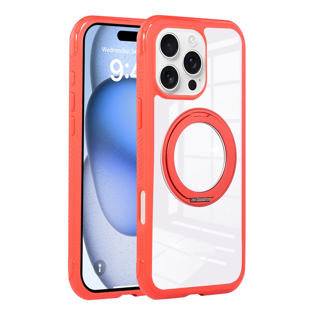For iPhone 16 Pro Magnetic Case Stress Relief Kickstand TPU + PC Transparent Protective Phone Cover - Red