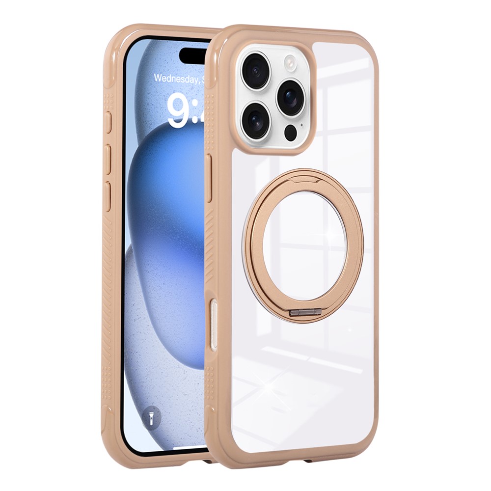 For iPhone 16 Pro Magnetic Case Stress Relief Kickstand TPU + PC Transparent Protective Phone Cover - Coffee