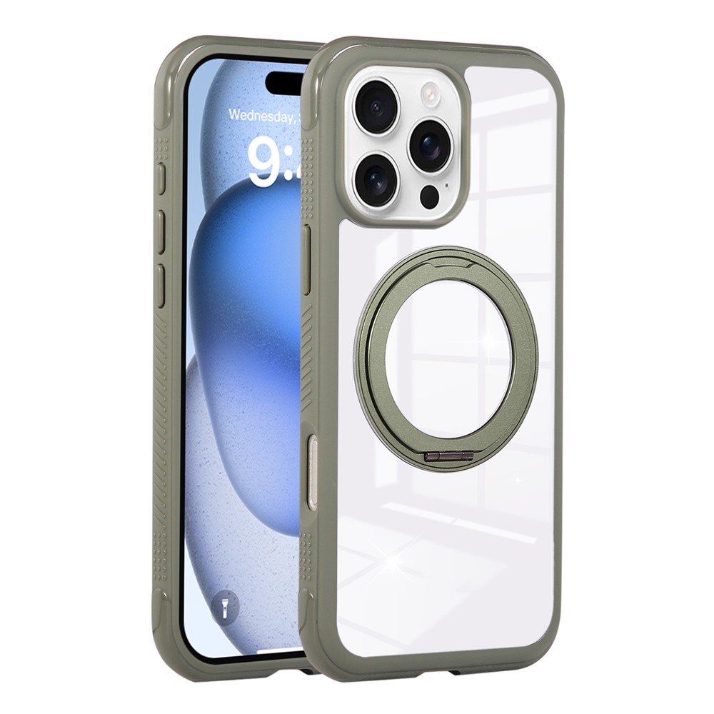 For iPhone 16 Pro Max Magnetic Case Stress Relief Kickstand TPU + PC Transparent Protective Phone Cover - Army Green