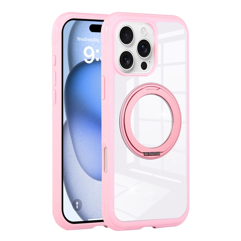 For iPhone 16 Pro Max Magnetic Case Stress Relief Kickstand TPU + PC Transparent Protective Phone Cover - Pink