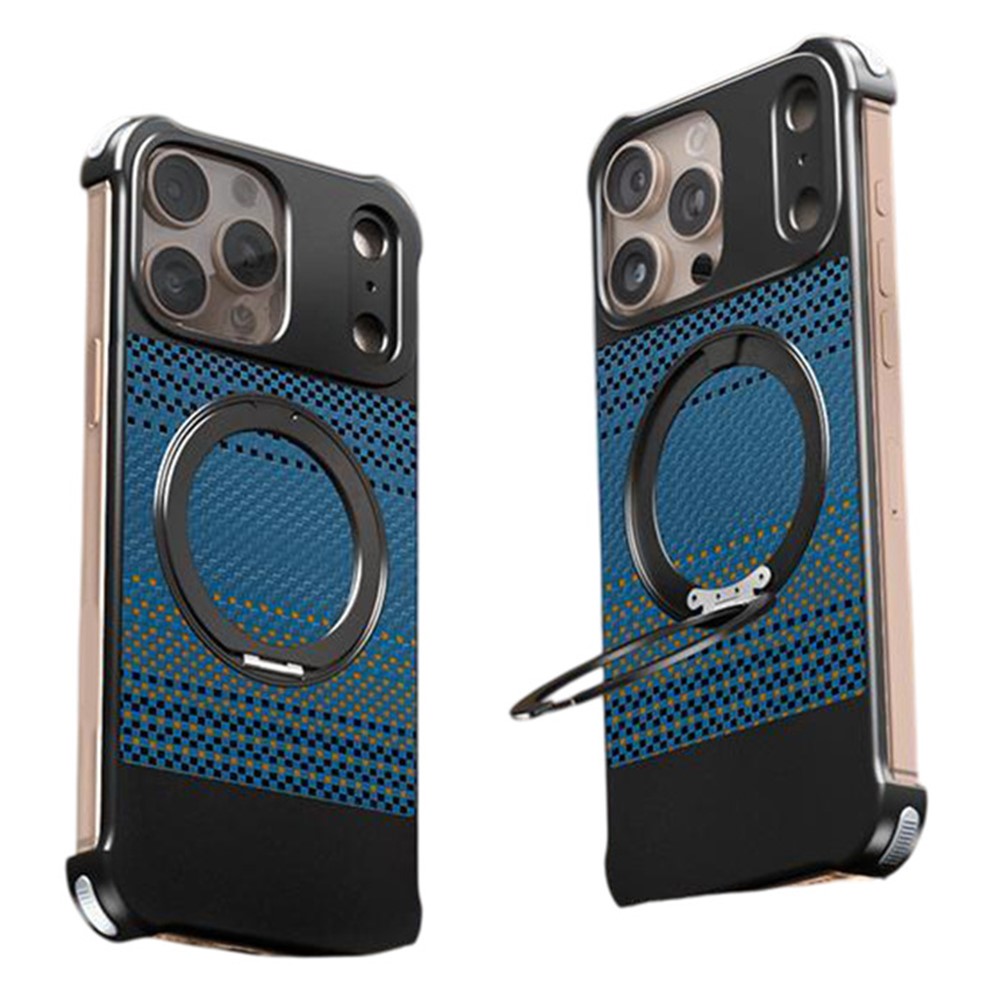For iPhone 14 Pro Max Magnetic Case Borderless Carbon Fiber Texture PU Metal Phone Cover with Kickstand - Moonrise