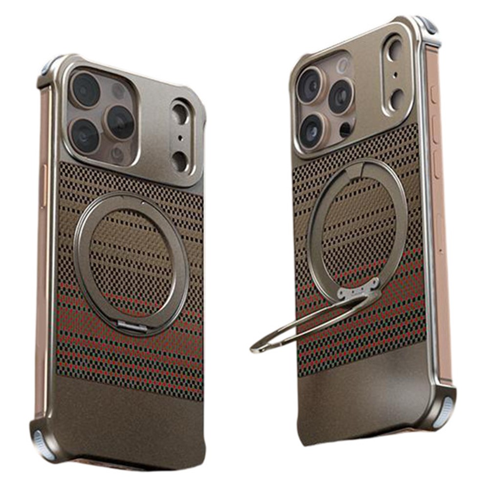 For iPhone 14 Pro Max Magnetic Case Borderless Carbon Fiber Texture PU Metal Phone Cover with Kickstand - Sunset