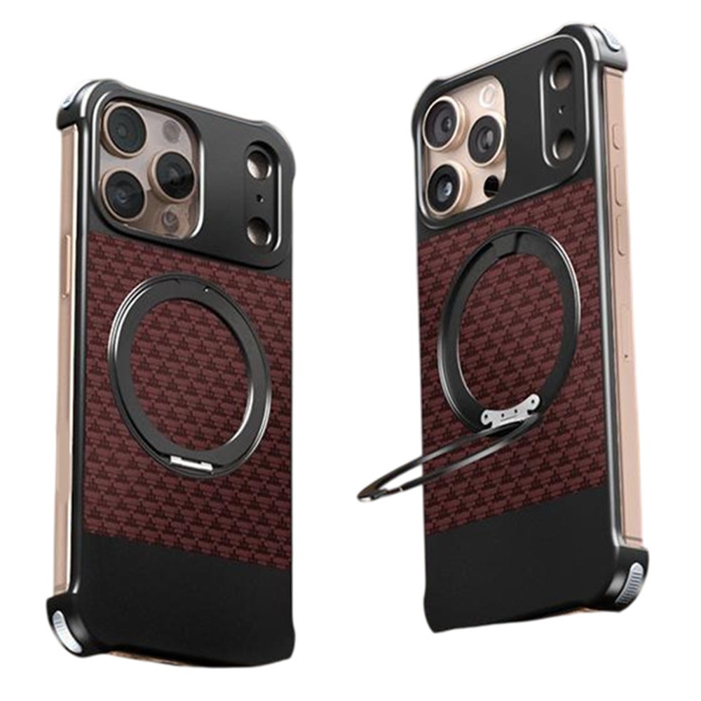 For iPhone 16 Pro Max Magnetic Case Borderless Textured PU + Metal Kickstand Phone Cover - Red