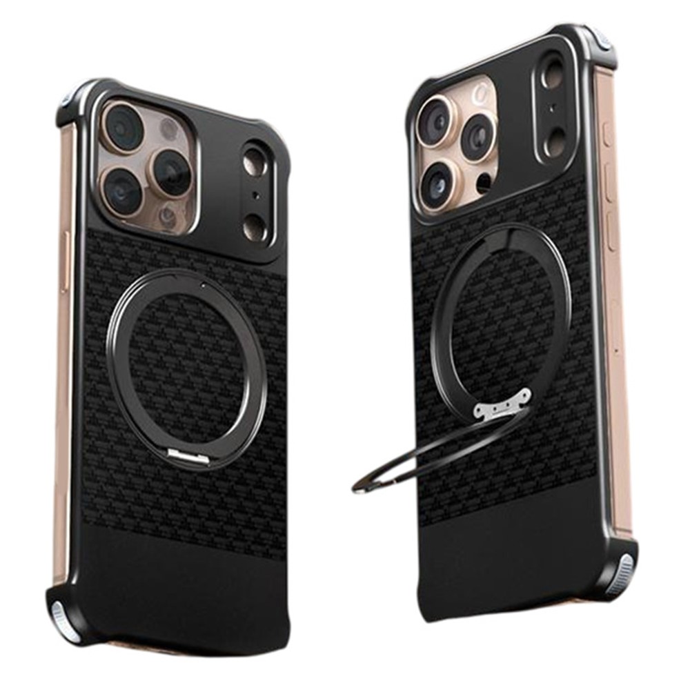 For iPhone 16 Pro Max Magnetic Case Borderless Textured PU + Metal Kickstand Phone Cover - Black