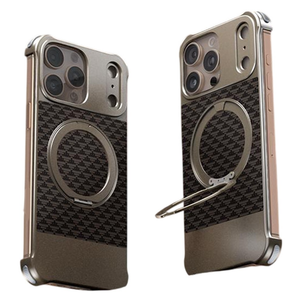 For iPhone 16 Pro Max Magnetic Case Borderless Textured PU + Metal Kickstand Phone Cover - Brown