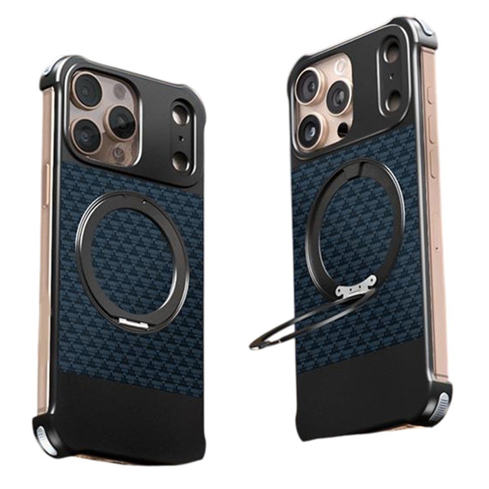 For iPhone 15 Pro Max Magnetic Case Borderless Textured PU + Metal Kickstand Phone Cover - Blue