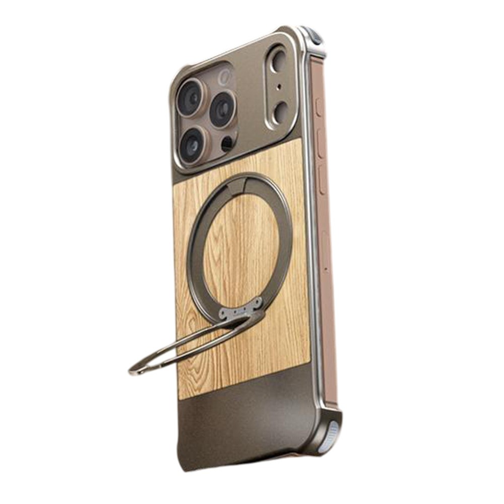 For iPhone 15 Pro Max Magnetic Case Borderless Walnut + Metal Kickstand Phone Cover - Light Wood Grain