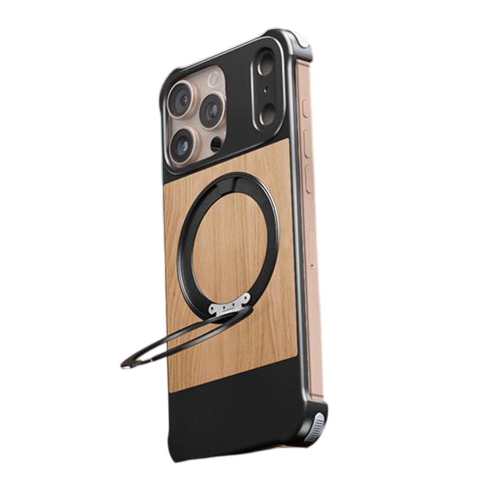 For iPhone 15 Pro Max 360° Rotating Stand Wood Grain Metal Protective Case Magnetic Charging Shockproof Camera Protection - Deep Wood Grain