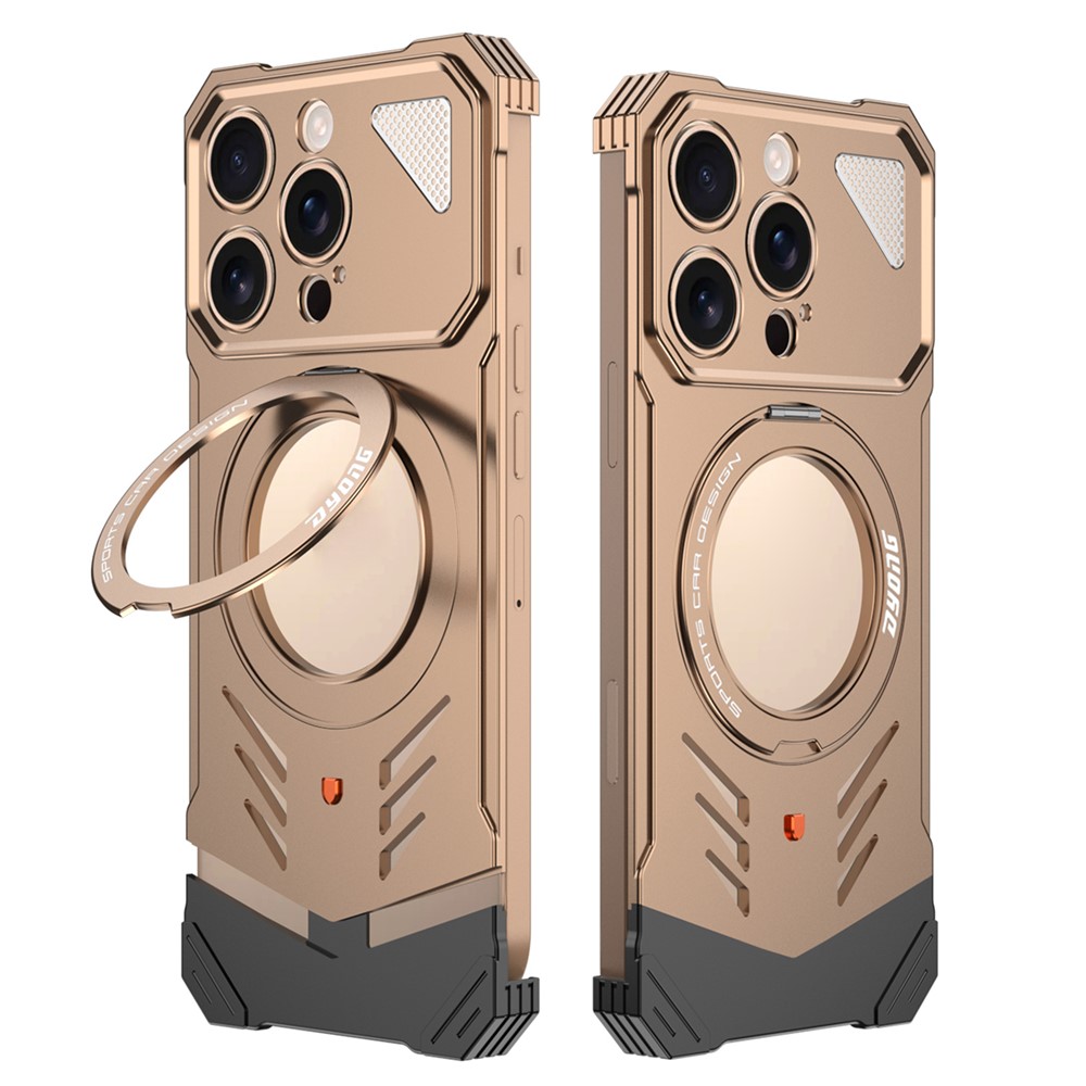 DYONG For iPhone 16 Pro Max Metal Case Frameless Hollow Heat Dissipation Phone Cover with Kickstand - Titanium Gold