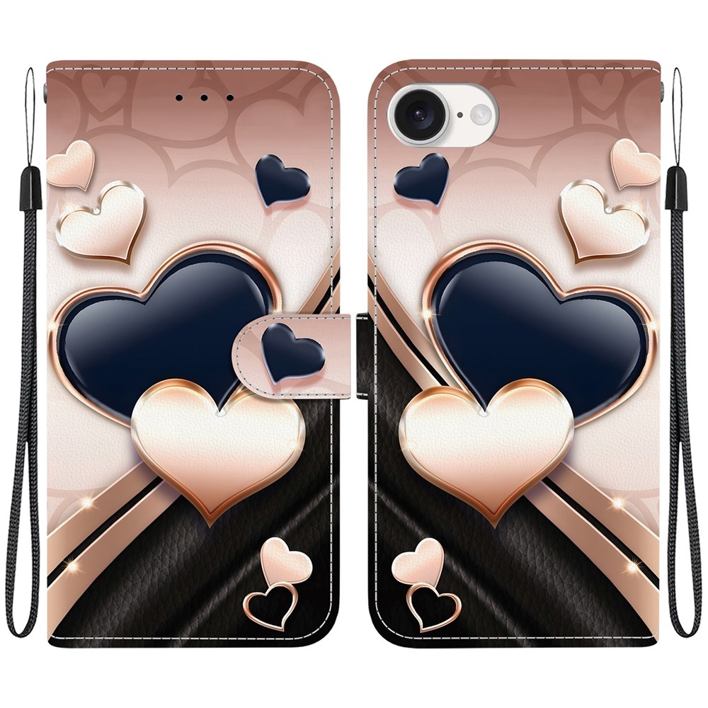 For iPhone 16e Leather Case Stand Wallet Pattern Printing Phone Cover with Wrist Strap - Love