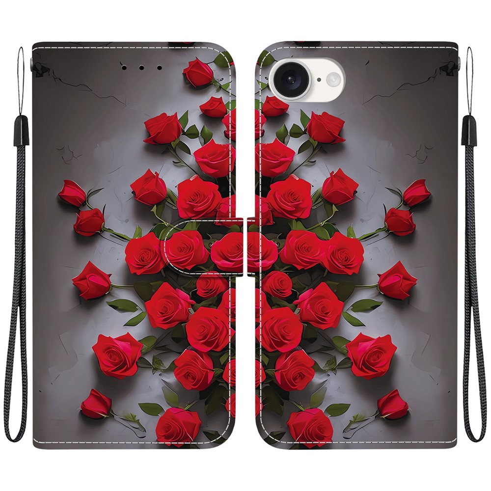 For iPhone 16e Leather Case Stand Wallet Pattern Printing Phone Cover with Wrist Strap - Red Rose