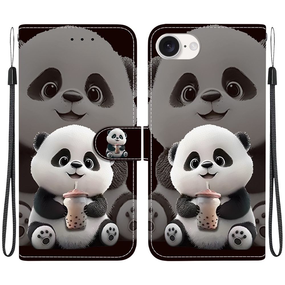 For iPhone 16e Leather Case Stand Wallet Pattern Printing Phone Cover with Wrist Strap - Milk Tea Panda