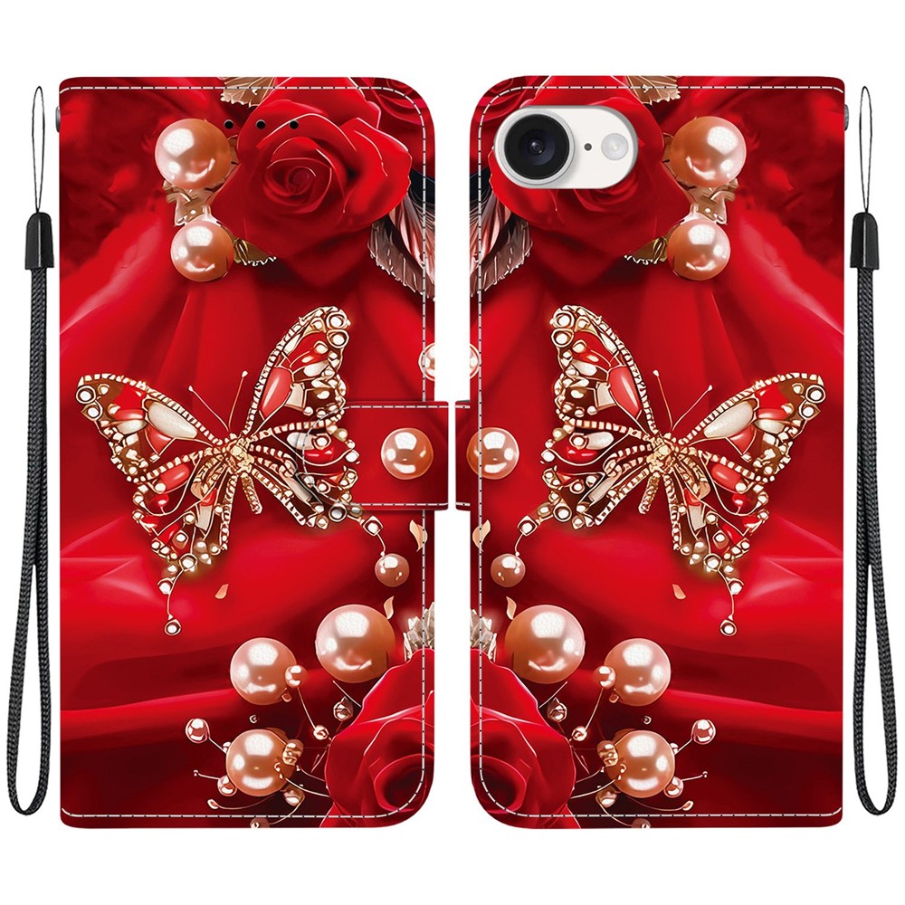 For iPhone 16e Leather Case Stand Wallet Pattern Printing Phone Cover with Wrist Strap - Pearl Butterfly Rose