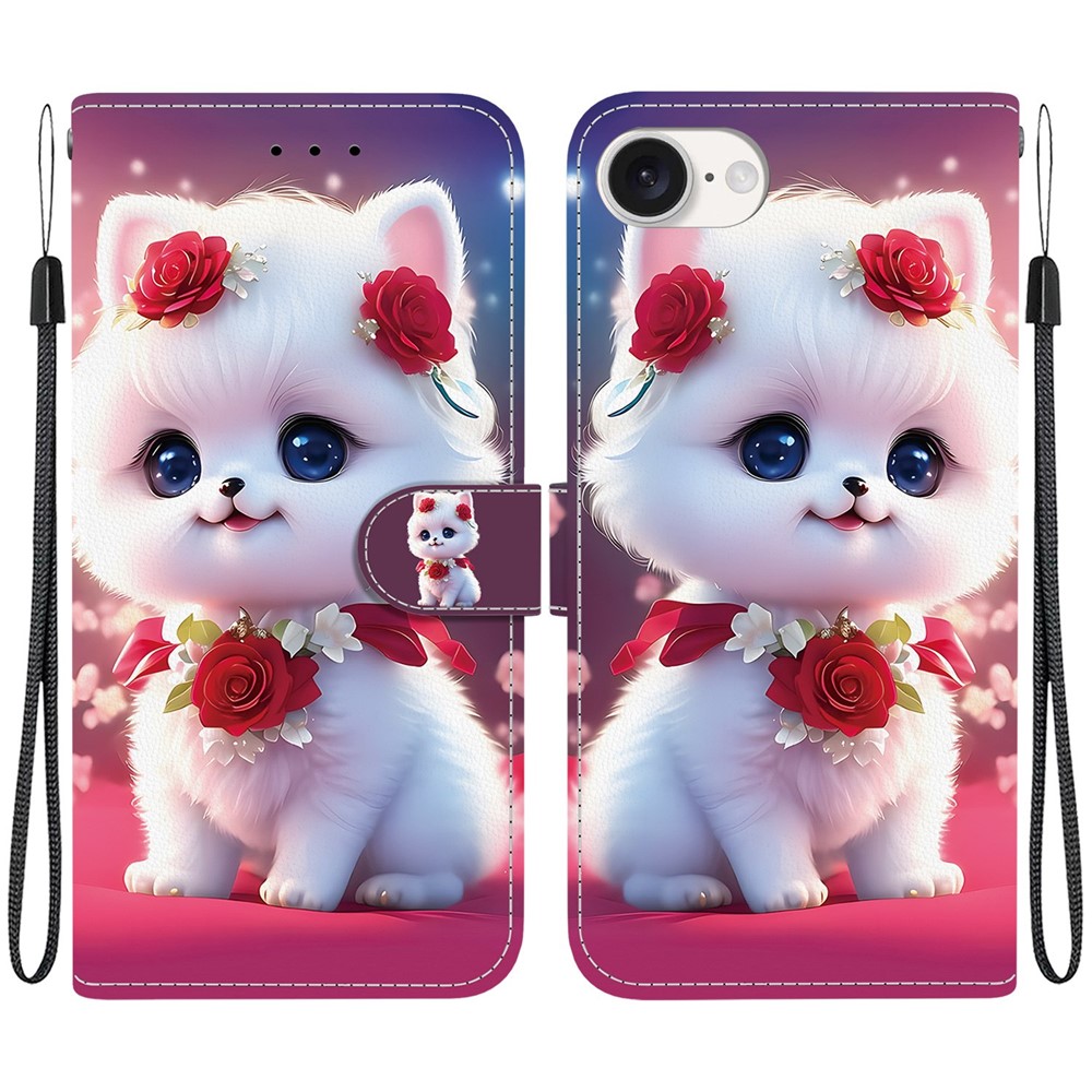 For iPhone 16e Leather Case Stand Wallet Pattern Printing Phone Cover with Wrist Strap - Rose Cat