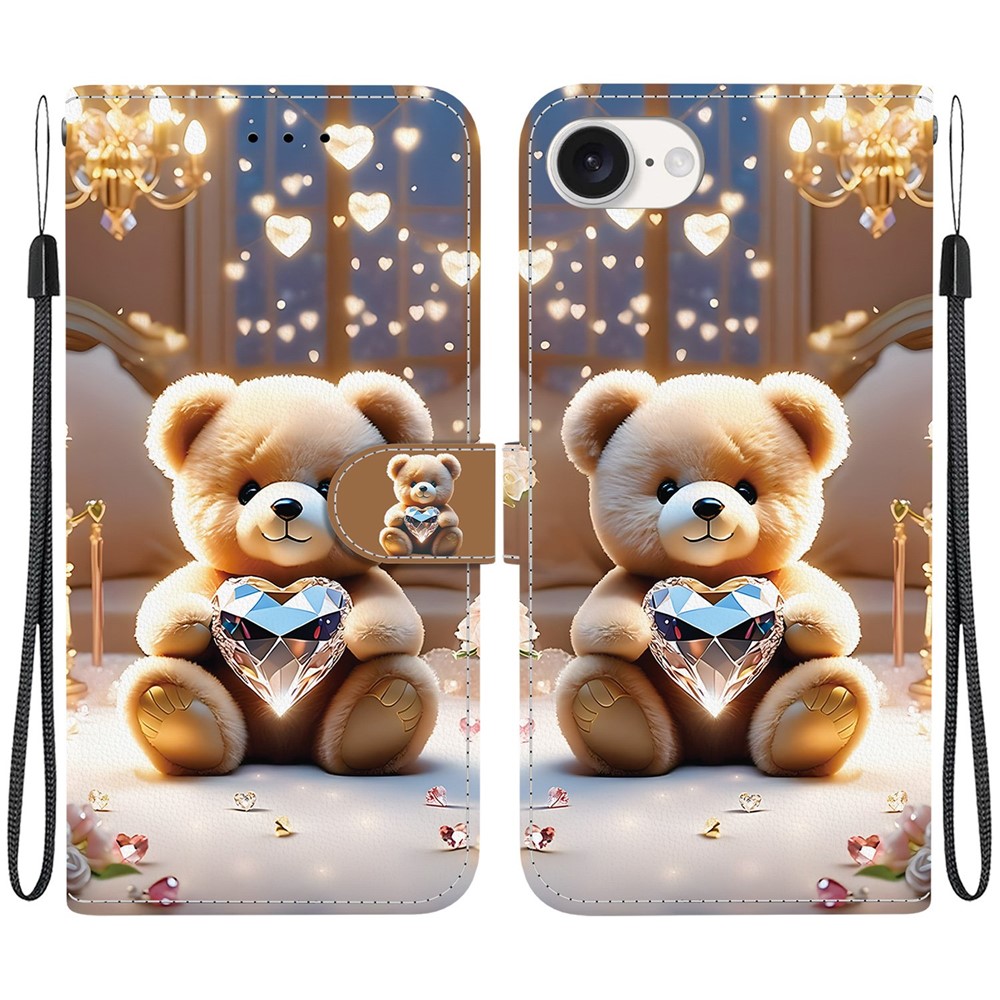 For iPhone 16e Leather Case Stand Wallet Pattern Printing Phone Cover with Wrist Strap - Diamond Bear