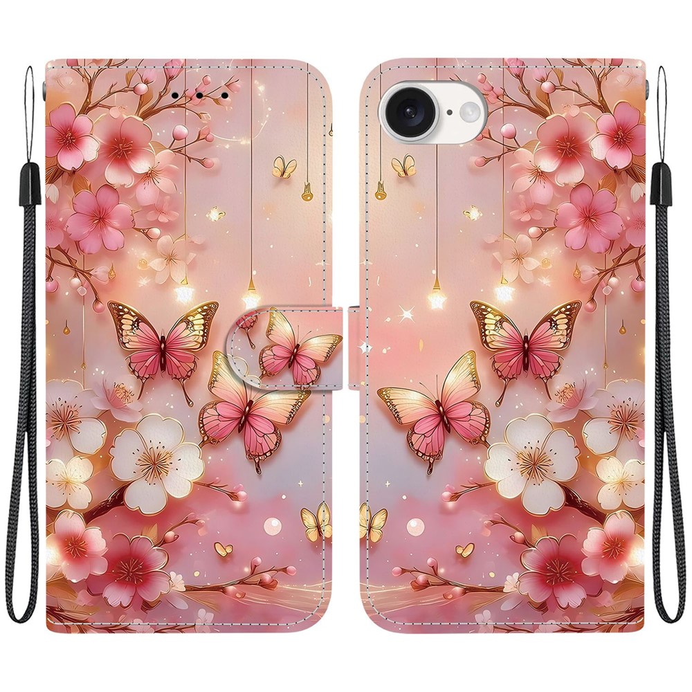 For iPhone 16e Leather Case Stand Wallet Pattern Printing Phone Cover with Wrist Strap - Lantern Butterfly