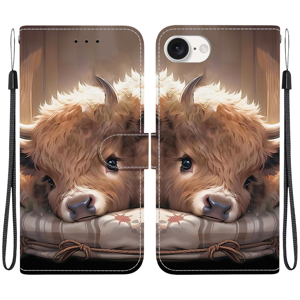 For iPhone 16e Leather Case Stand Wallet Pattern Printing Phone Cover with Wrist Strap - Calf