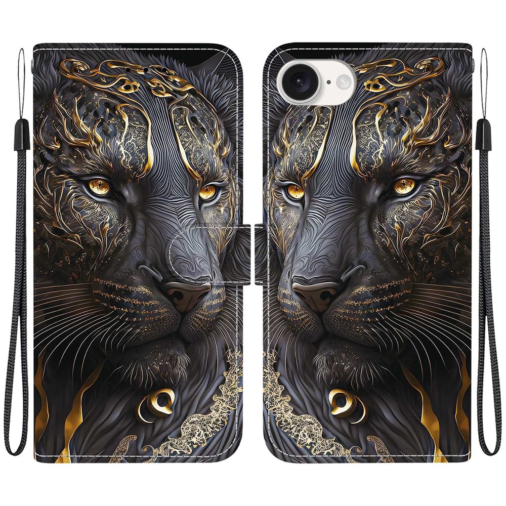 For iPhone 16e Leather Case Stand Wallet Pattern Printing Phone Cover with Wrist Strap - Black Gold Lion