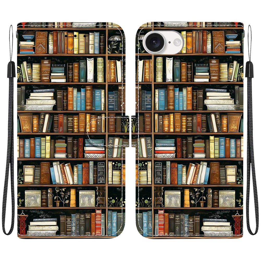 For iPhone 16e Leather Case Stand Wallet Pattern Printing Phone Cover with Wrist Strap - Bookshelf
