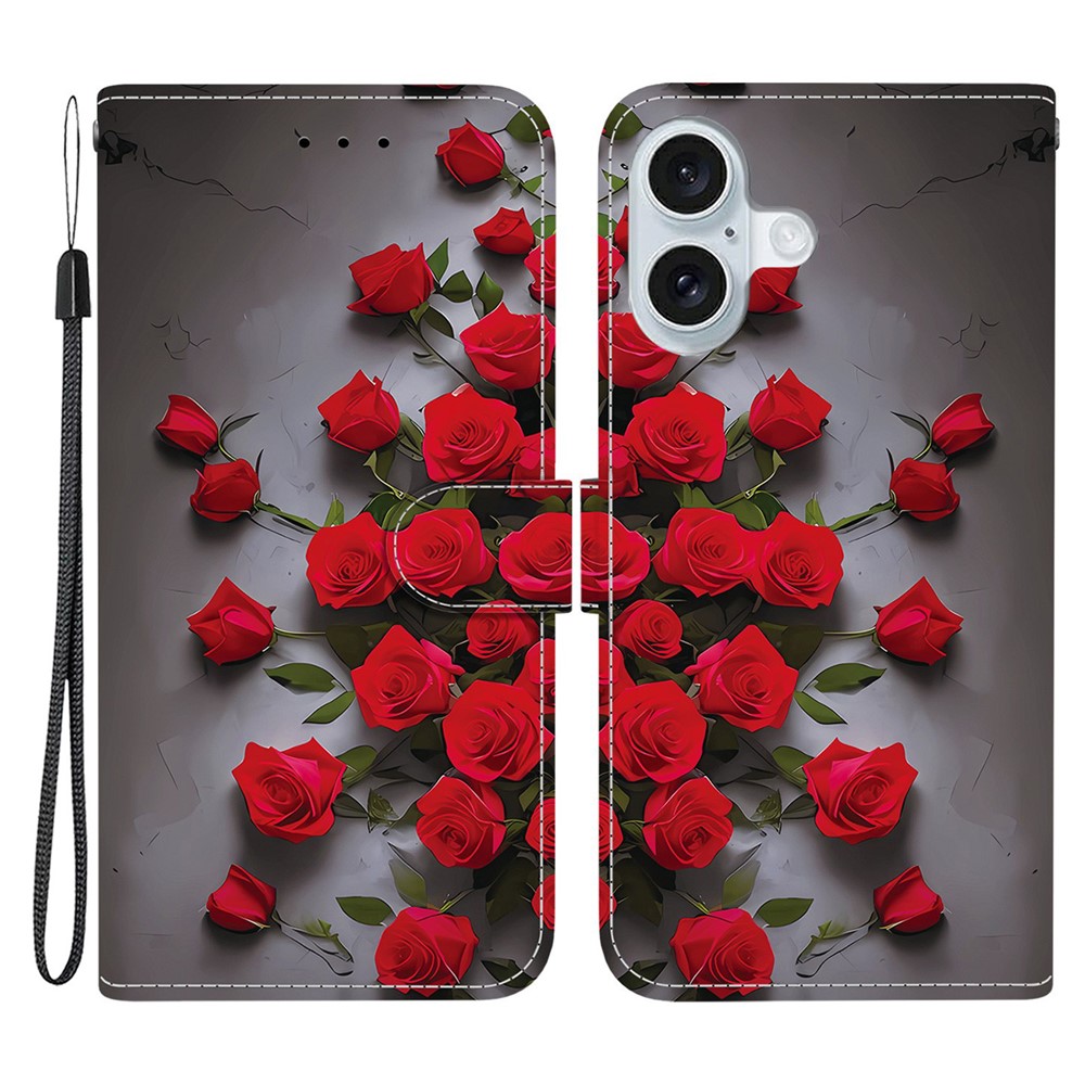 For iPhone 16 Plus Leather Case Stand Wallet Pattern Printing Phone Cover with Wrist Strap - Red Rose