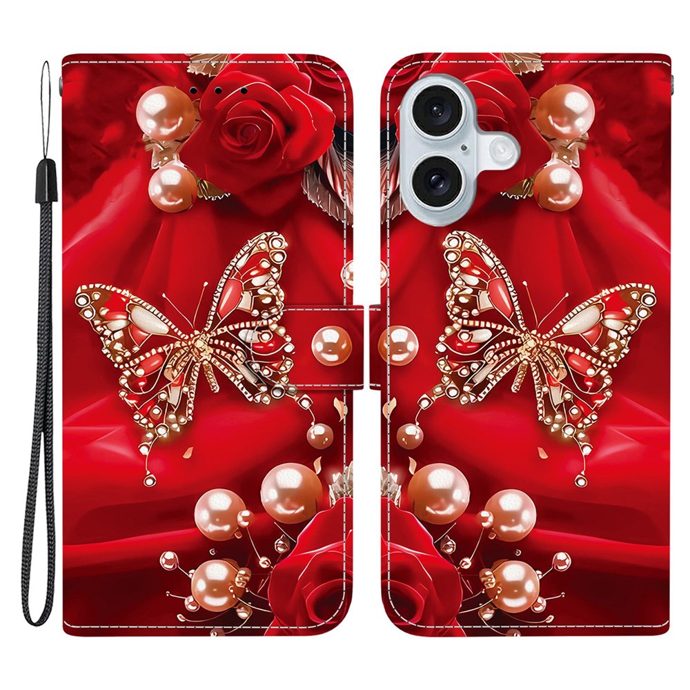 For iPhone 16 Plus Leather Case Stand Wallet Pattern Printing Phone Cover with Wrist Strap - Pearl Butterfly Rose