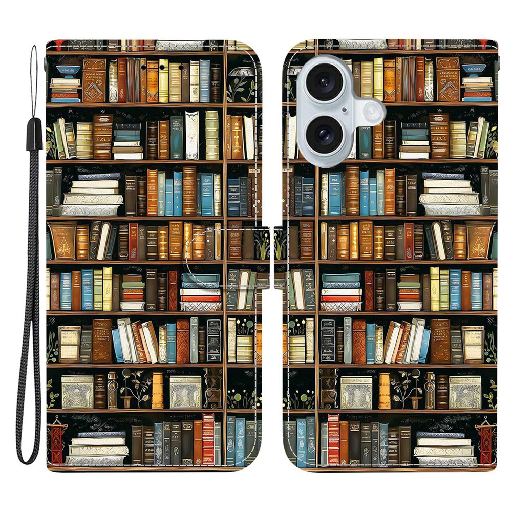 For iPhone 16 Plus Leather Case Stand Wallet Pattern Printing Phone Cover with Wrist Strap - Bookshelf
