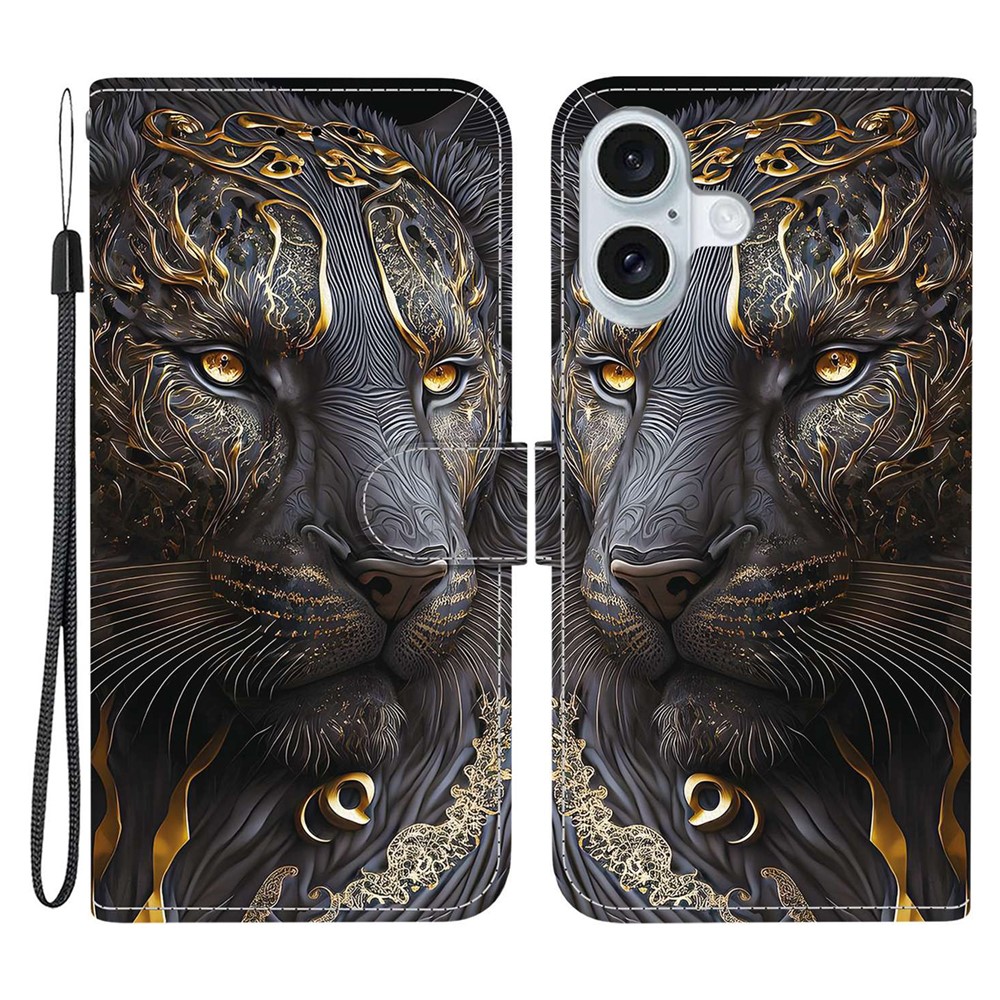 For iPhone 16 Plus Leather Case Stand Wallet Pattern Printing Phone Cover with Wrist Strap - Black Gold Lion