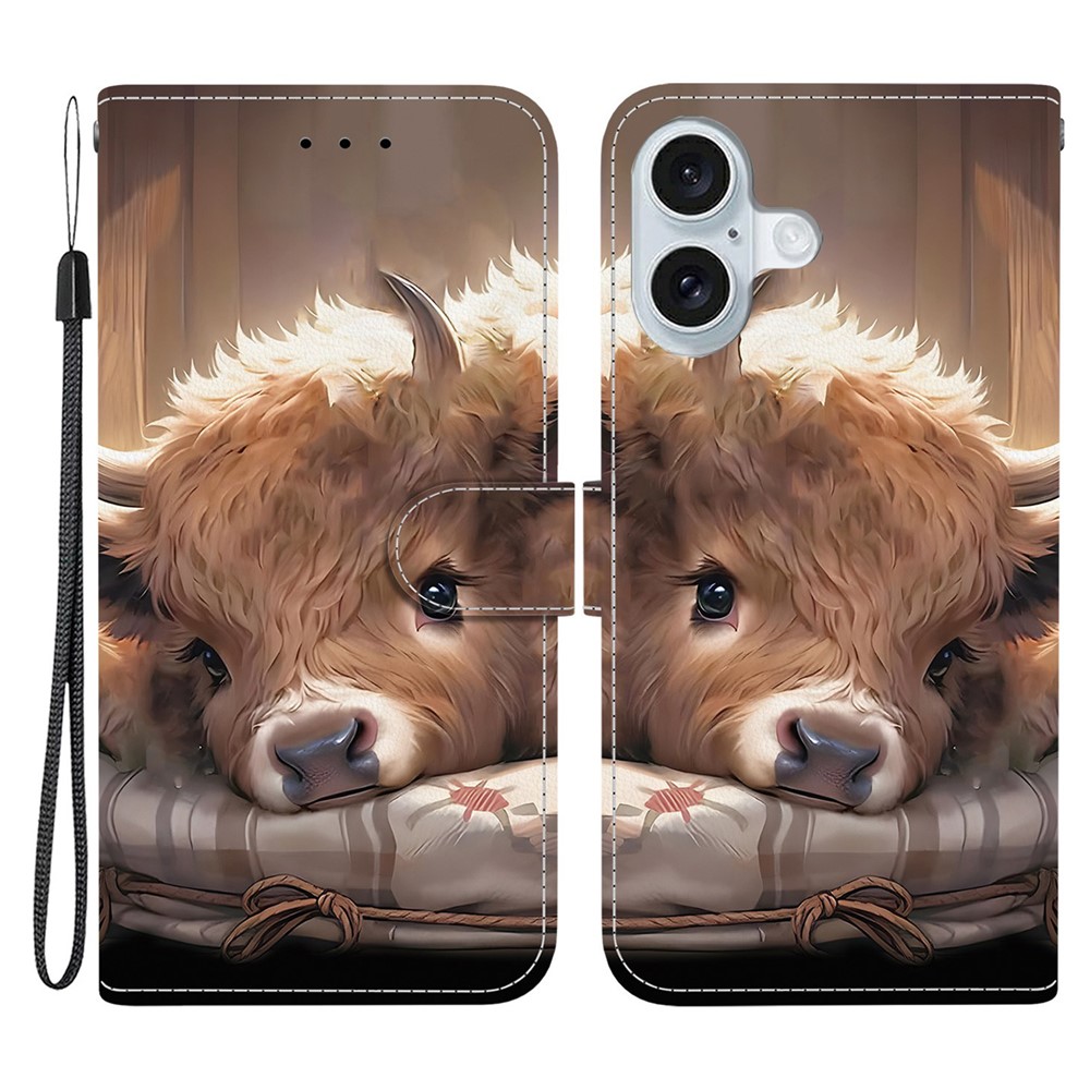 For iPhone 16 Plus Leather Case Stand Wallet Pattern Printing Phone Cover with Wrist Strap - Calf