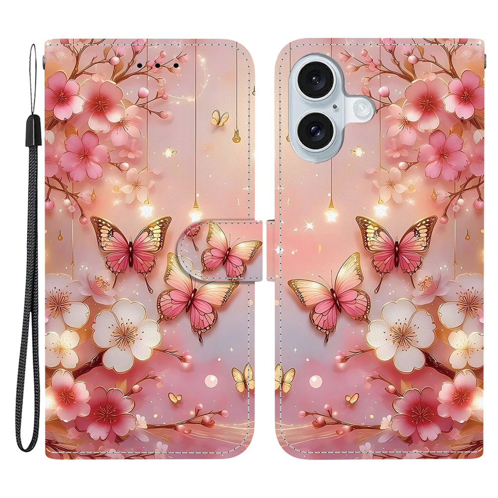 For iPhone 16 Plus Leather Case Stand Wallet Pattern Printing Phone Cover with Wrist Strap - Lantern Butterfly