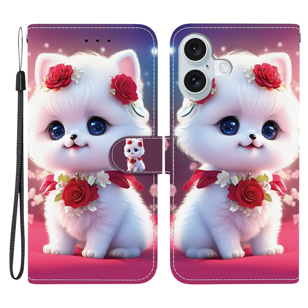 For iPhone 16 Plus Leather Case Stand Wallet Pattern Printing Phone Cover with Wrist Strap - Rose Cat