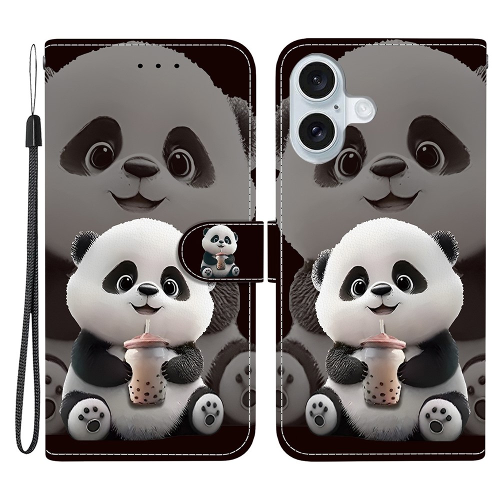For iPhone 16 Plus Leather Case Stand Wallet Pattern Printing Phone Cover with Wrist Strap - Milk Tea Panda