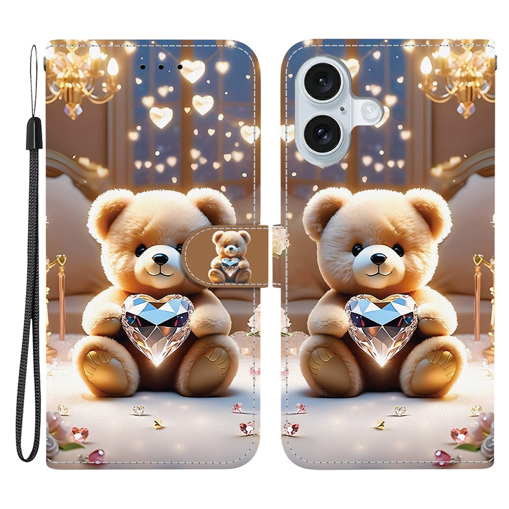 For iPhone 16 Plus Leather Case Stand Wallet Pattern Printing Phone Cover with Wrist Strap - Diamond Bear