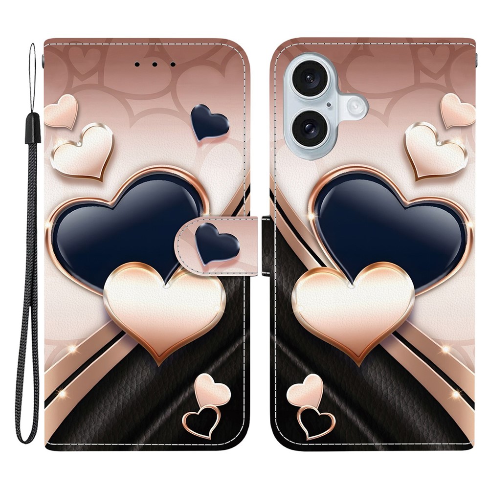 For iPhone 16 Plus Leather Case Stand Wallet Pattern Printing Phone Cover with Wrist Strap - Love