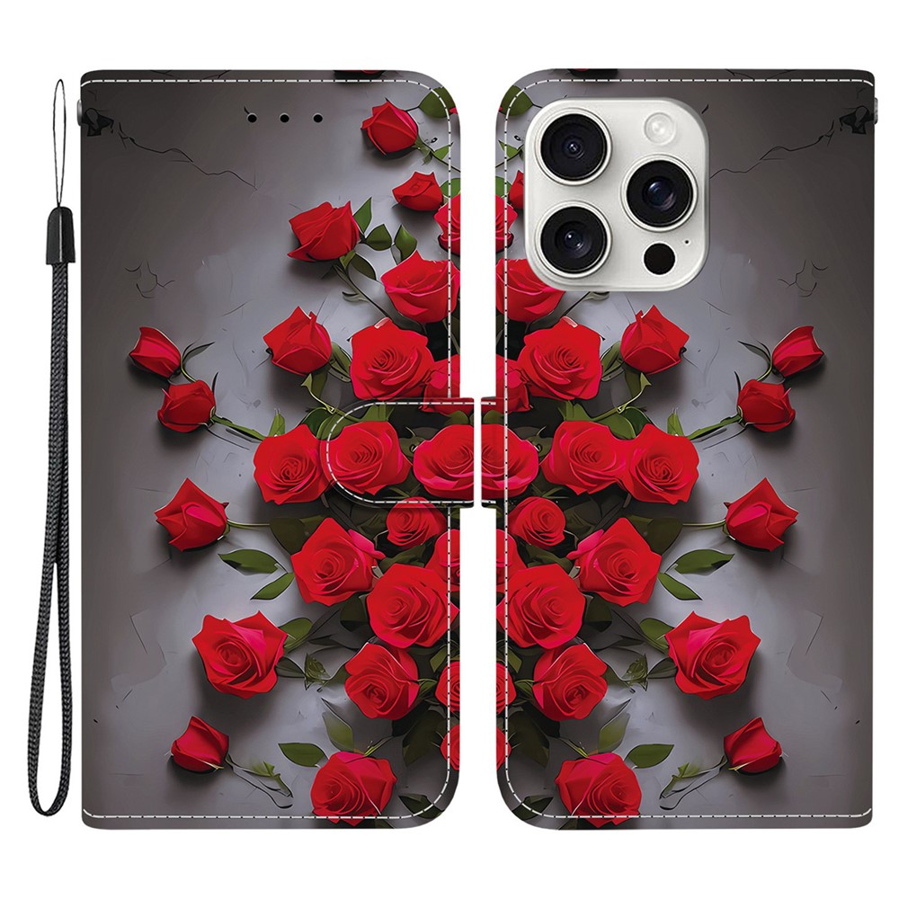 For iPhone 16 Pro Leather Case Stand Wallet Pattern Printing Phone Cover with Wrist Strap - Red Rose