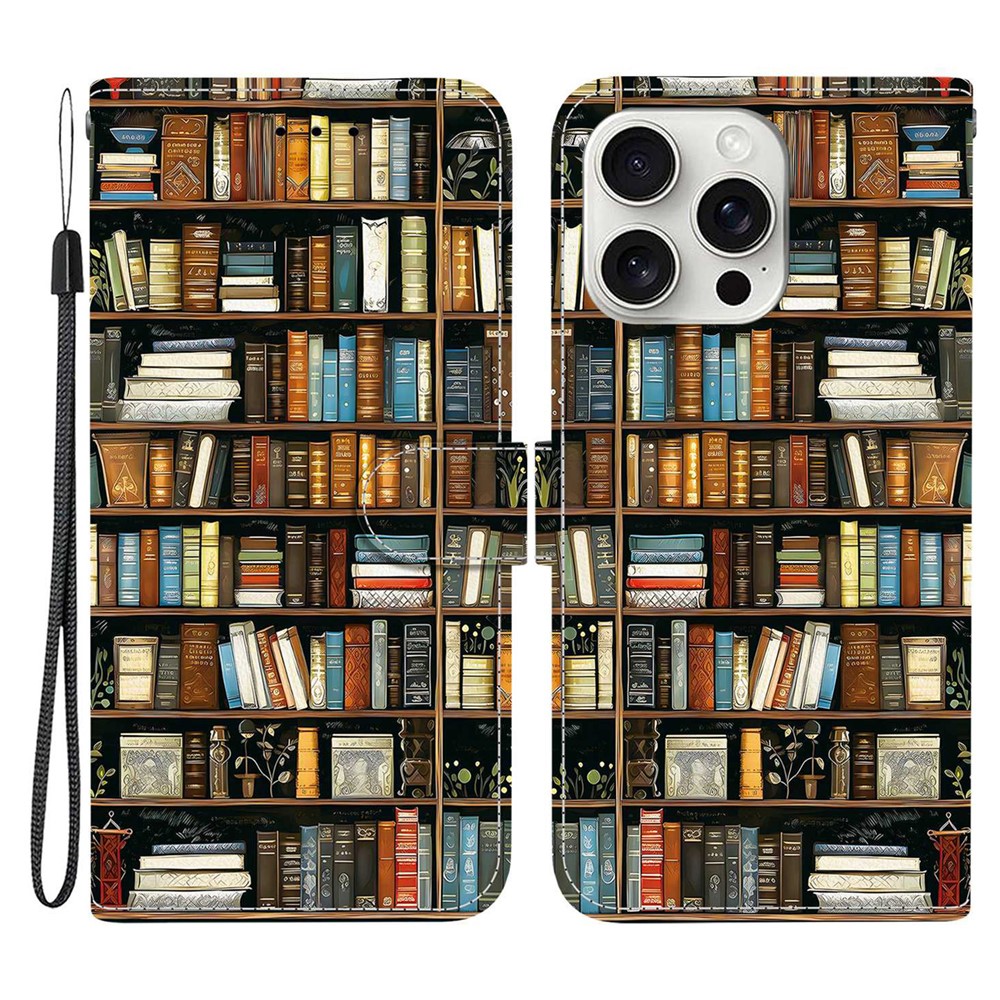 For iPhone 16 Pro Leather Case Stand Wallet Pattern Printing Phone Cover with Wrist Strap - Bookshelf