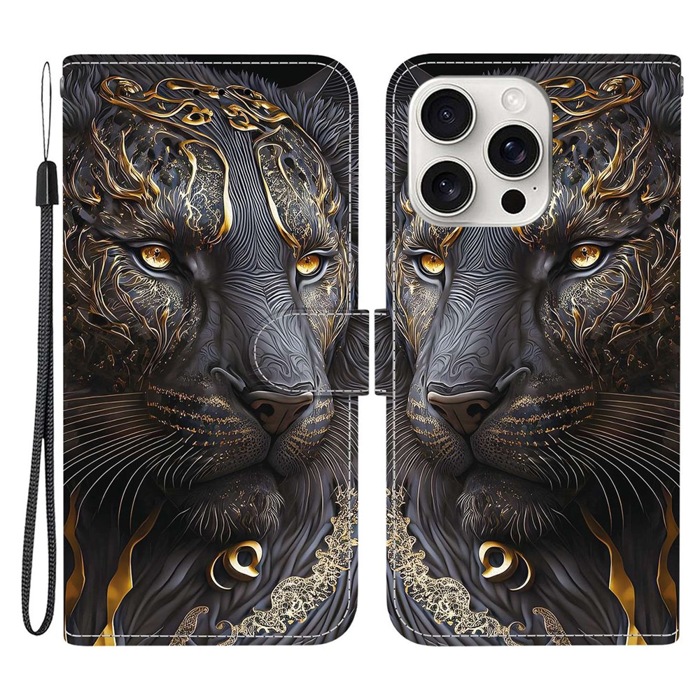 For iPhone 16 Pro Leather Case Stand Wallet Pattern Printing Phone Cover with Wrist Strap - Black Gold Lion