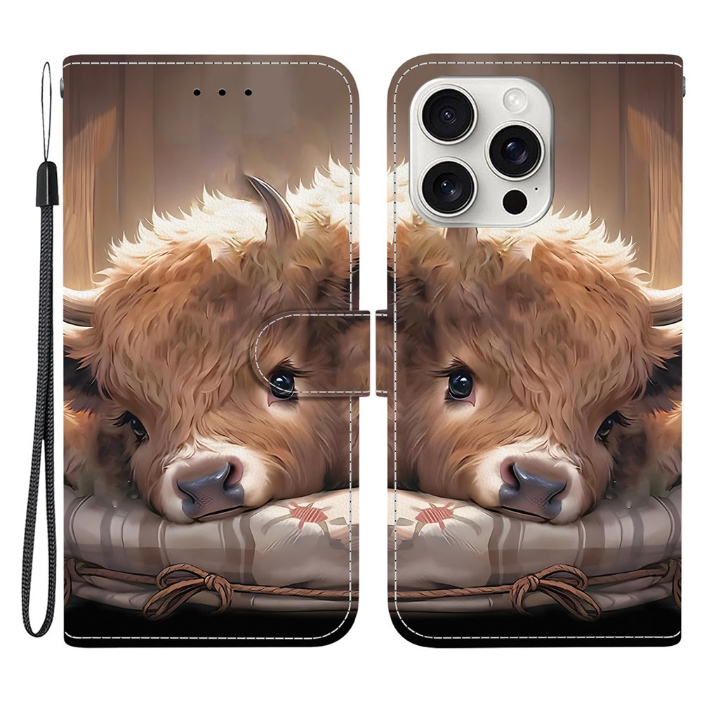 For iPhone 16 Pro Leather Case Stand Wallet Pattern Printing Phone Cover with Wrist Strap - Calf