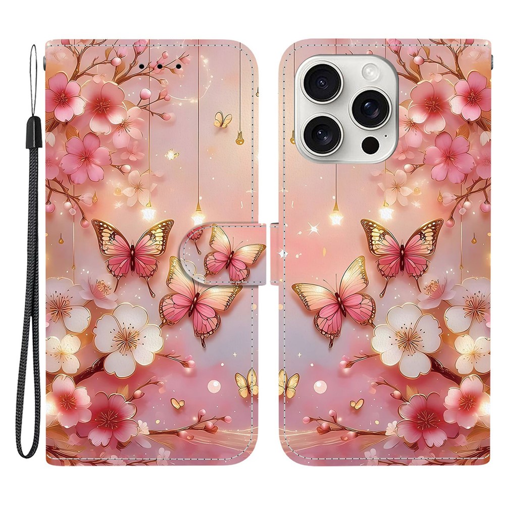 For iPhone 16 Pro Leather Case Stand Wallet Pattern Printing Phone Cover with Wrist Strap - Lantern Butterfly