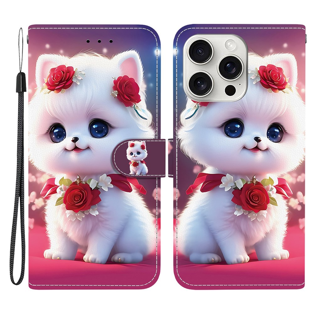 For iPhone 16 Pro Leather Case Stand Wallet Pattern Printing Phone Cover with Wrist Strap - Rose Cat