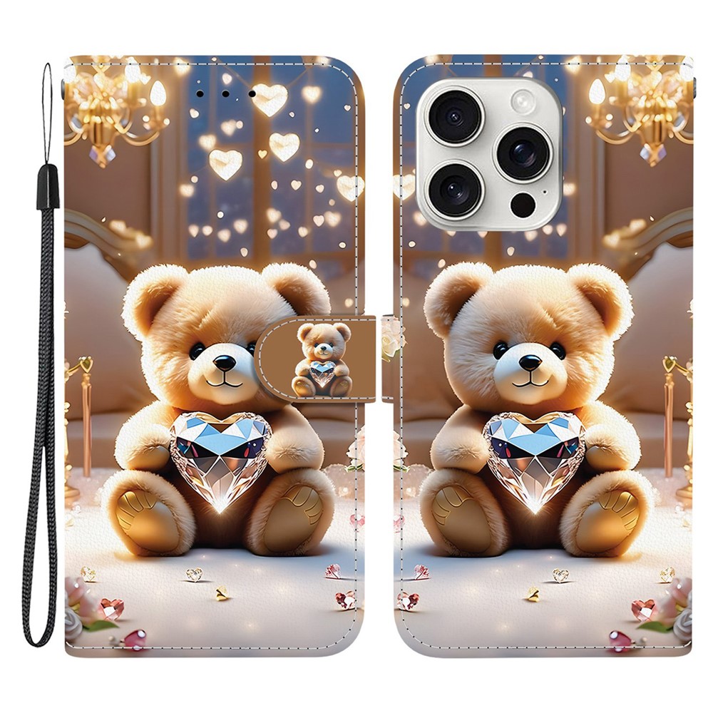 For iPhone 16 Pro Leather Case Stand Wallet Pattern Printing Phone Cover with Wrist Strap - Diamond Bear