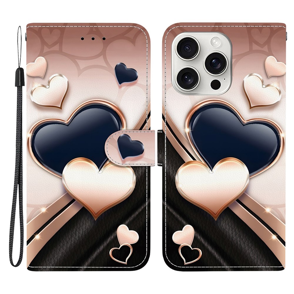 For iPhone 16 Pro Leather Case Stand Wallet Pattern Printing Phone Cover with Wrist Strap - Love