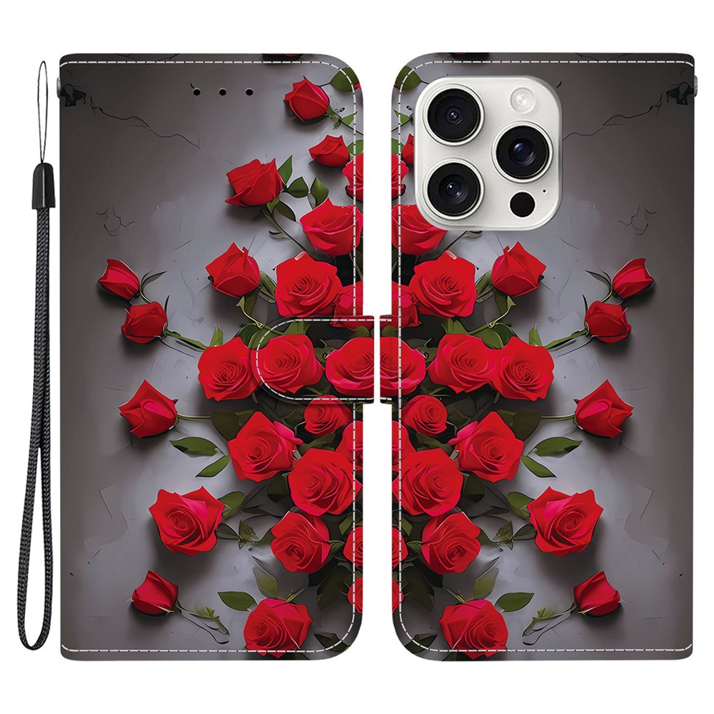For iPhone 16 Pro Max Leather Case Stand Wallet Pattern Printing Phone Cover with Wrist Strap - Red Rose