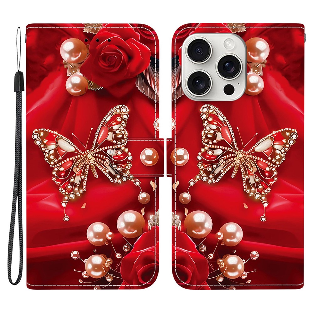 For iPhone 16 Pro Max Leather Case Stand Wallet Pattern Printing Phone Cover with Wrist Strap - Pearl Butterfly Rose