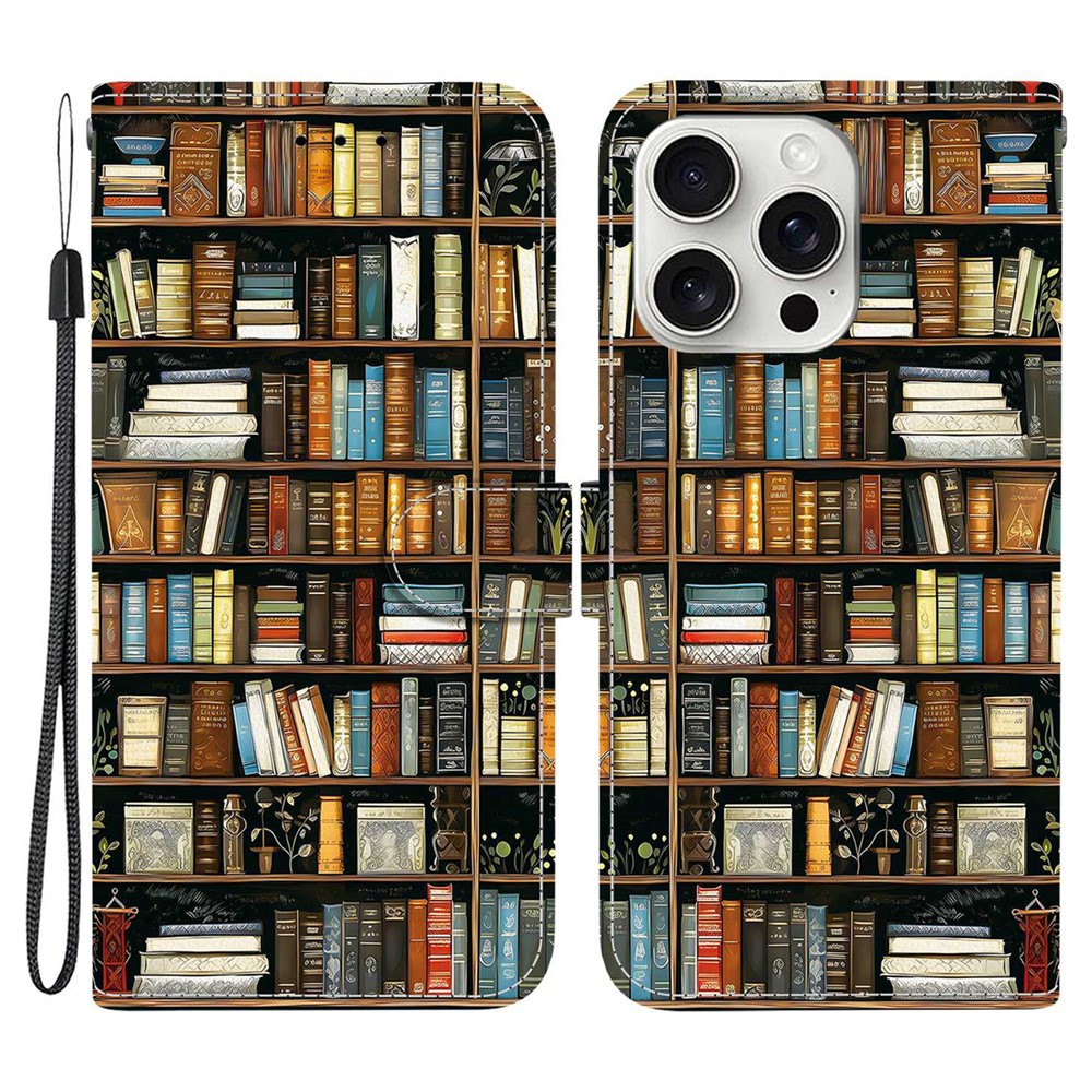For iPhone 16 Pro Max Leather Case Stand Wallet Pattern Printing Phone Cover with Wrist Strap - Bookshelf