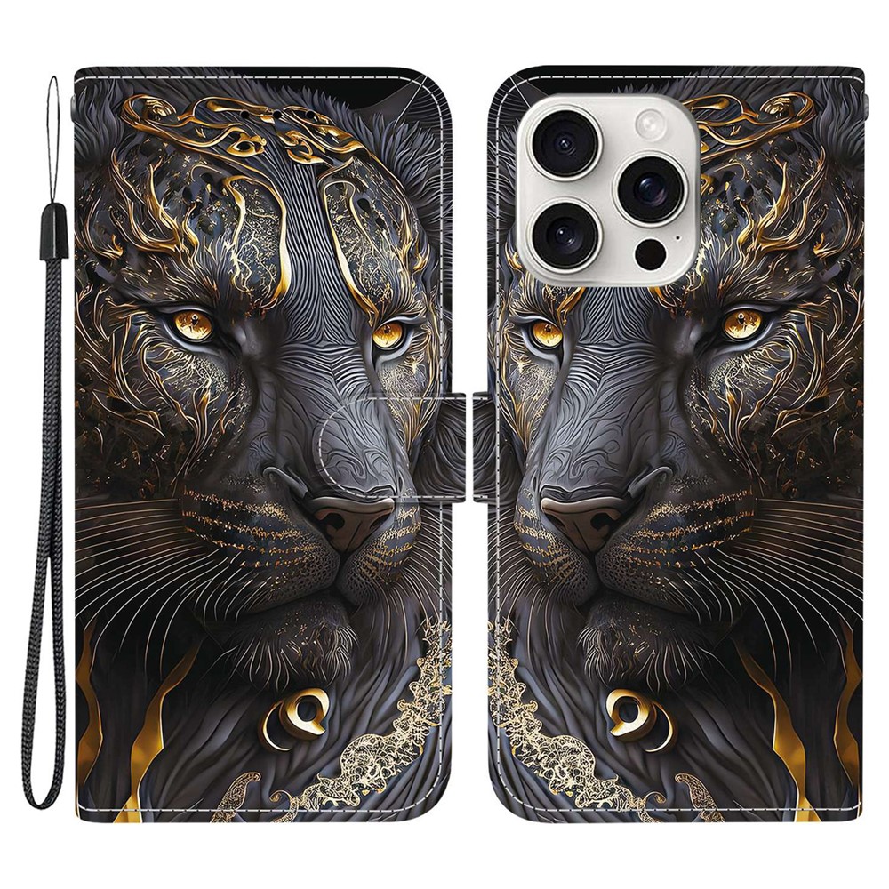 For iPhone 16 Pro Max Leather Case Stand Wallet Pattern Printing Phone Cover with Wrist Strap - Black Gold Lion