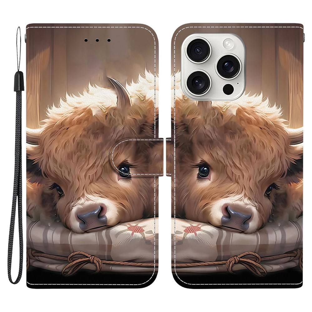 For iPhone 16 Pro Max Leather Case Stand Wallet Pattern Printing Phone Cover with Wrist Strap - Calf