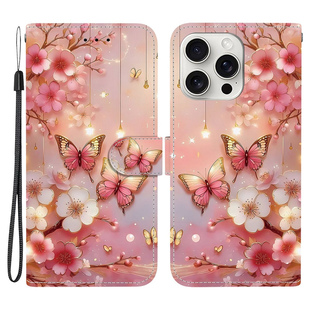 For iPhone 16 Pro Max Leather Case Stand Wallet Pattern Printing Phone Cover with Wrist Strap - Lantern Butterfly