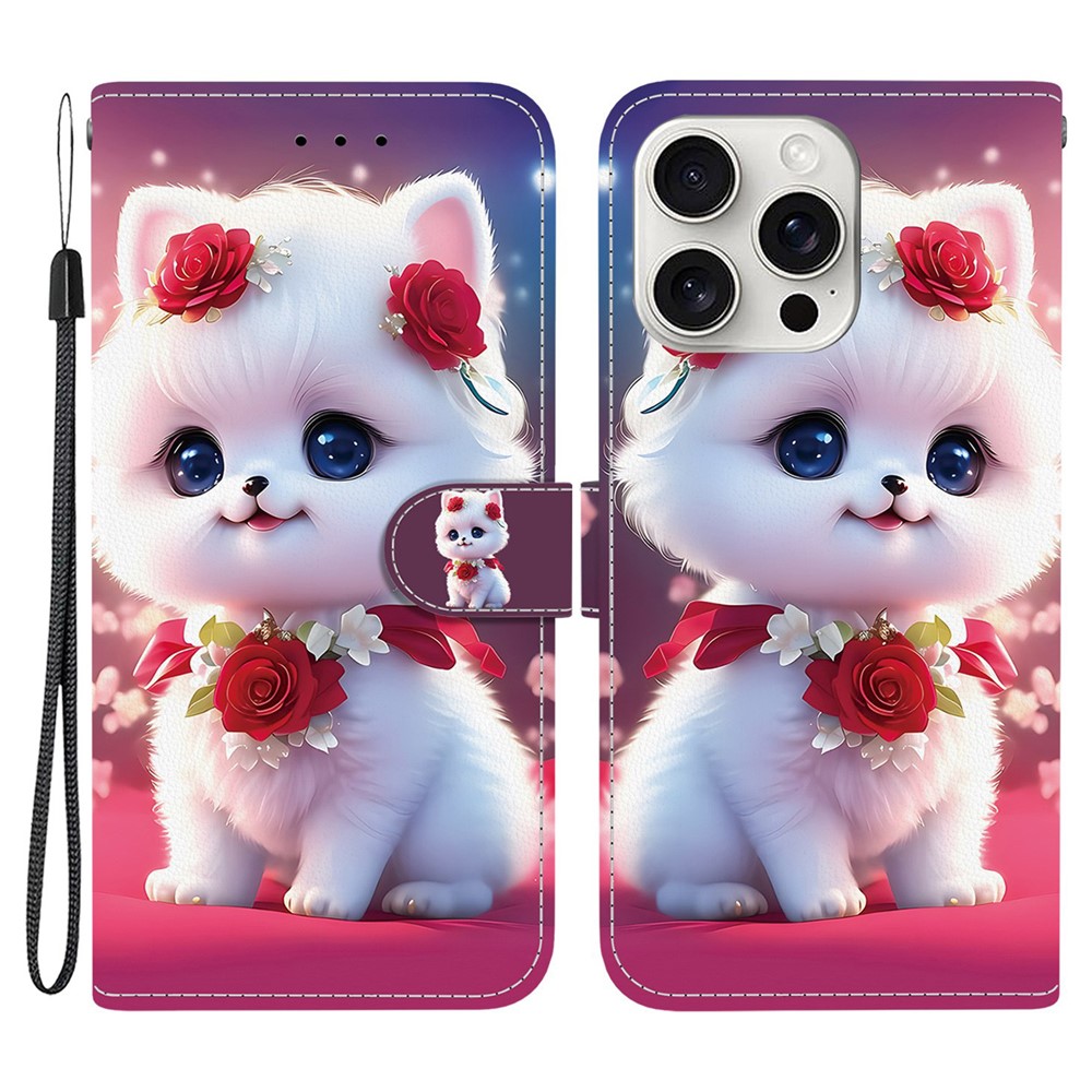 For iPhone 16 Pro Max Leather Case Stand Wallet Pattern Printing Phone Cover with Wrist Strap - Rose Cat