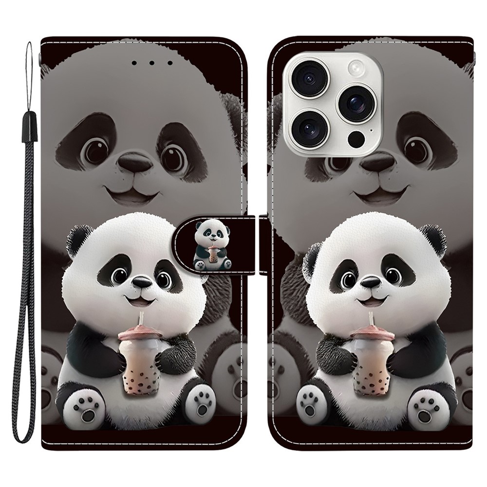 For iPhone 16 Pro Max Leather Case Stand Wallet Pattern Printing Phone Cover with Wrist Strap - Milk Tea Panda